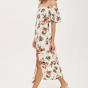 Topshop Bardot ivory rose print off the shoulder midi dress